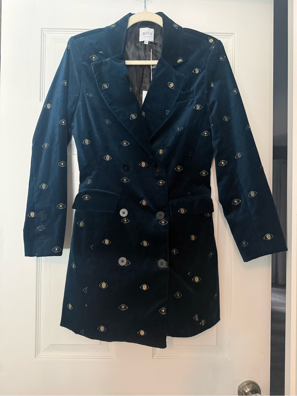 Misa Los Angeles Navy Velvet Embroidered Eye-Print Blazer Size XS Brand New!